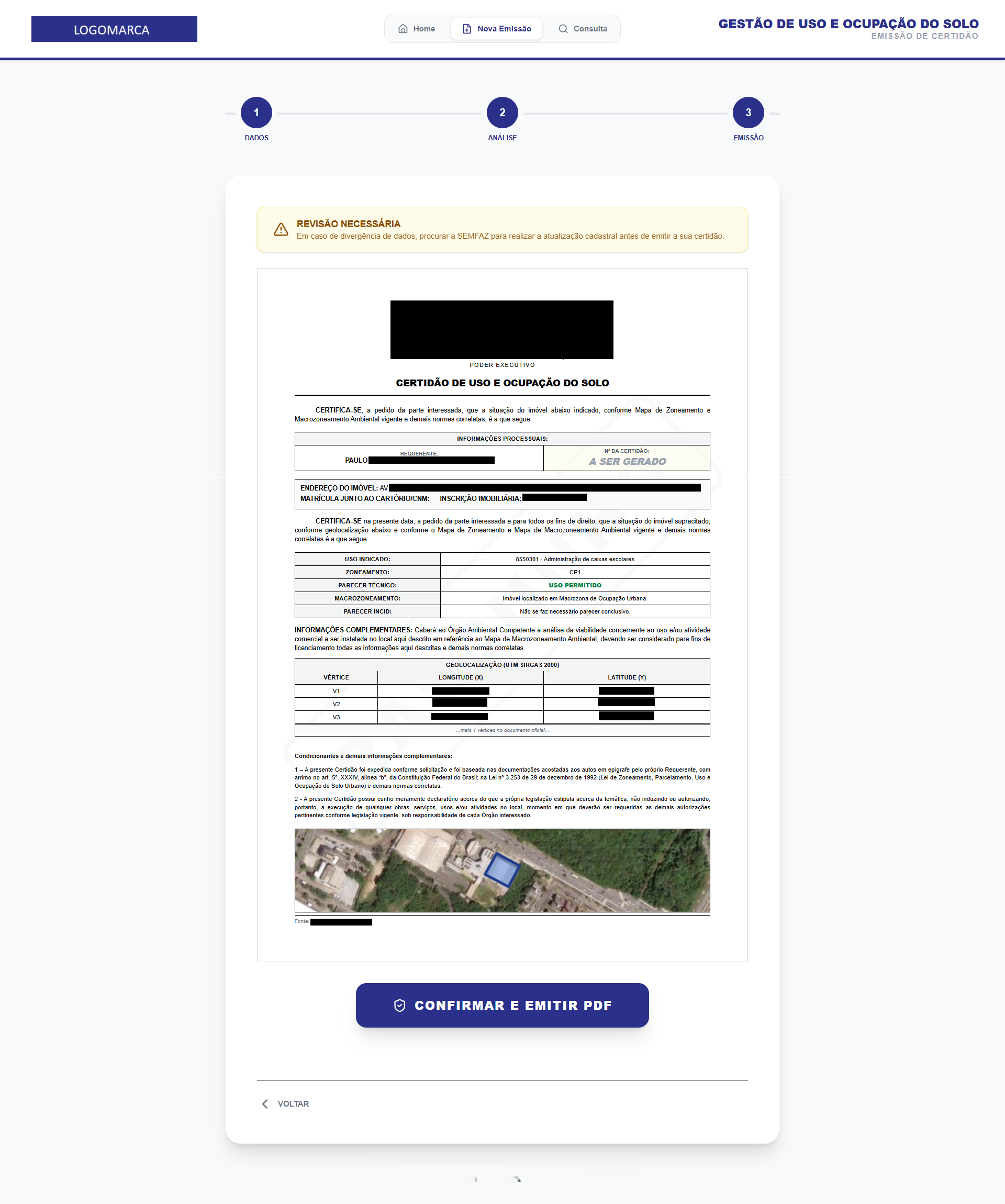 Emissão da certidão — Plataforma de Gestão Urbana