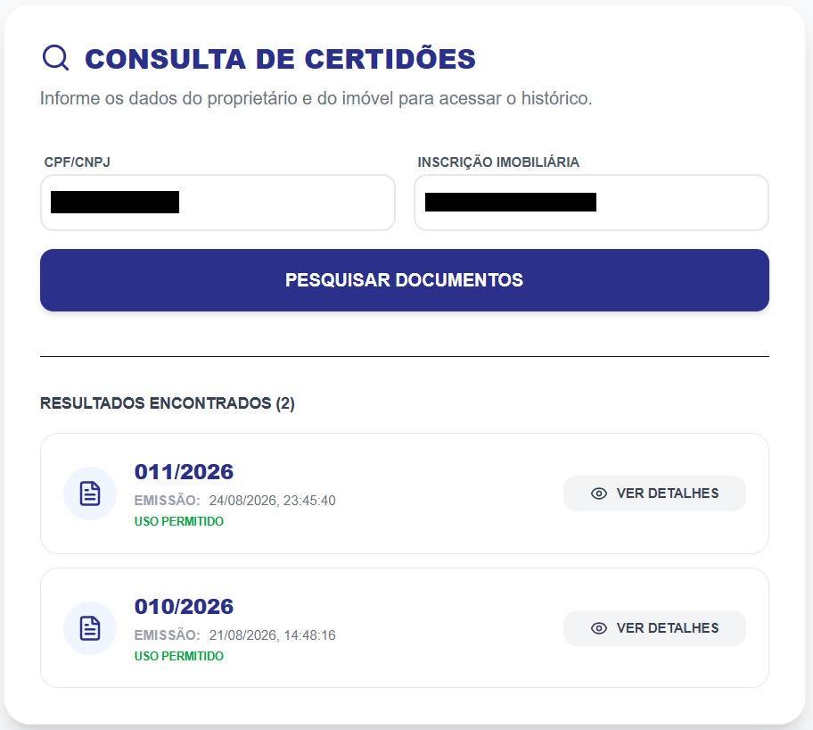 Consulta de certidões — Plataforma de Gestão Urbana